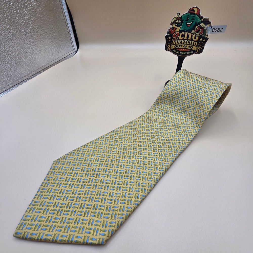 Salvatore Ferragamo Mens Silk Tie Yellow Blue Green Fish Pattern Made in Italy